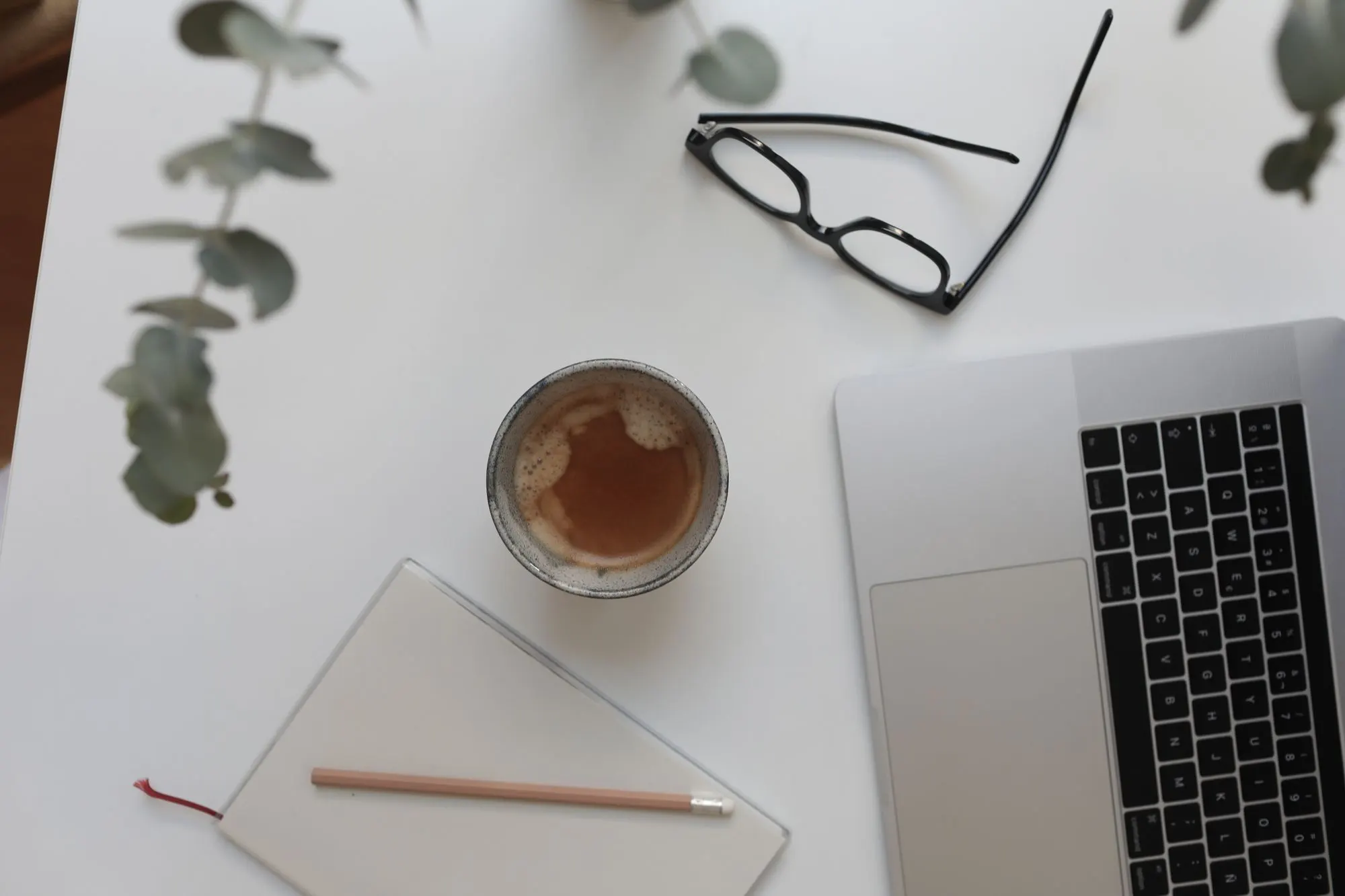 A calm desk with a notebook, a cup of tea and a small plant in natural light