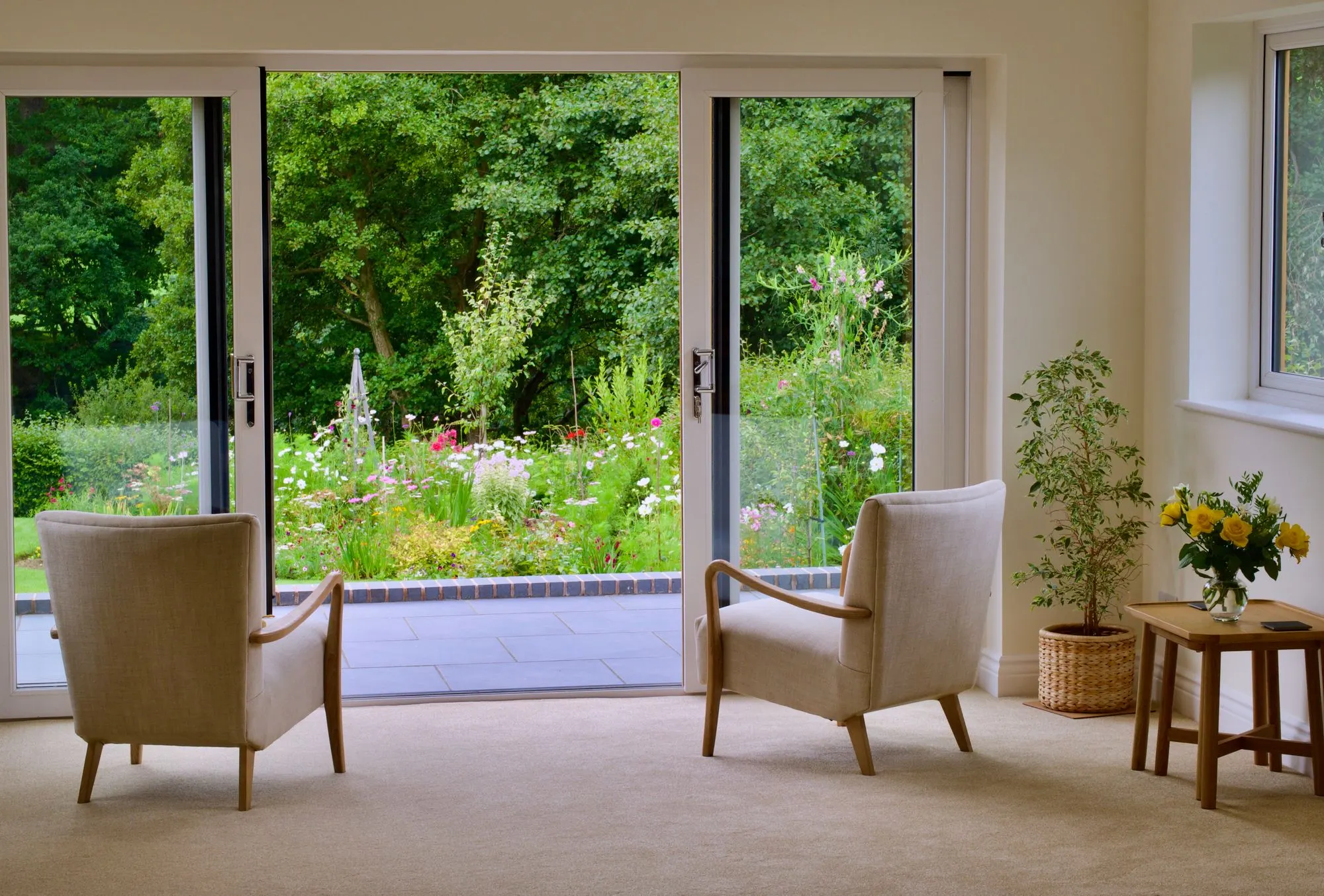 Two armchairs beside a window in a calm, plant-filled therapy room